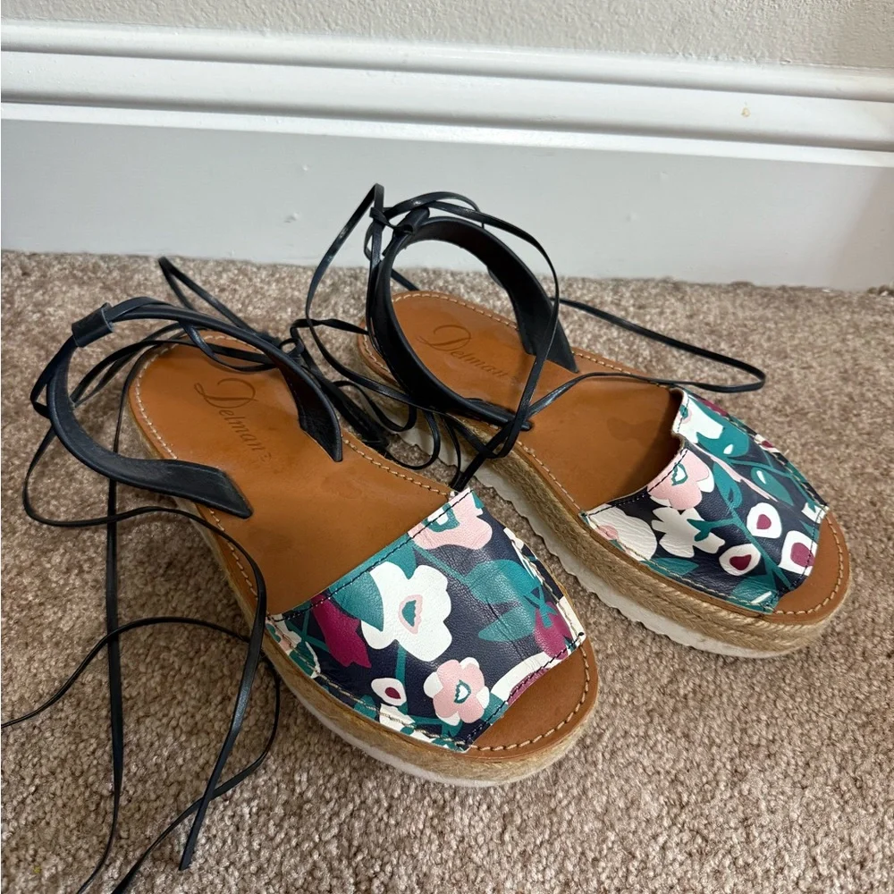 Delman Floral Espadrille Platform Sandals | Ankle Tie | Size 8